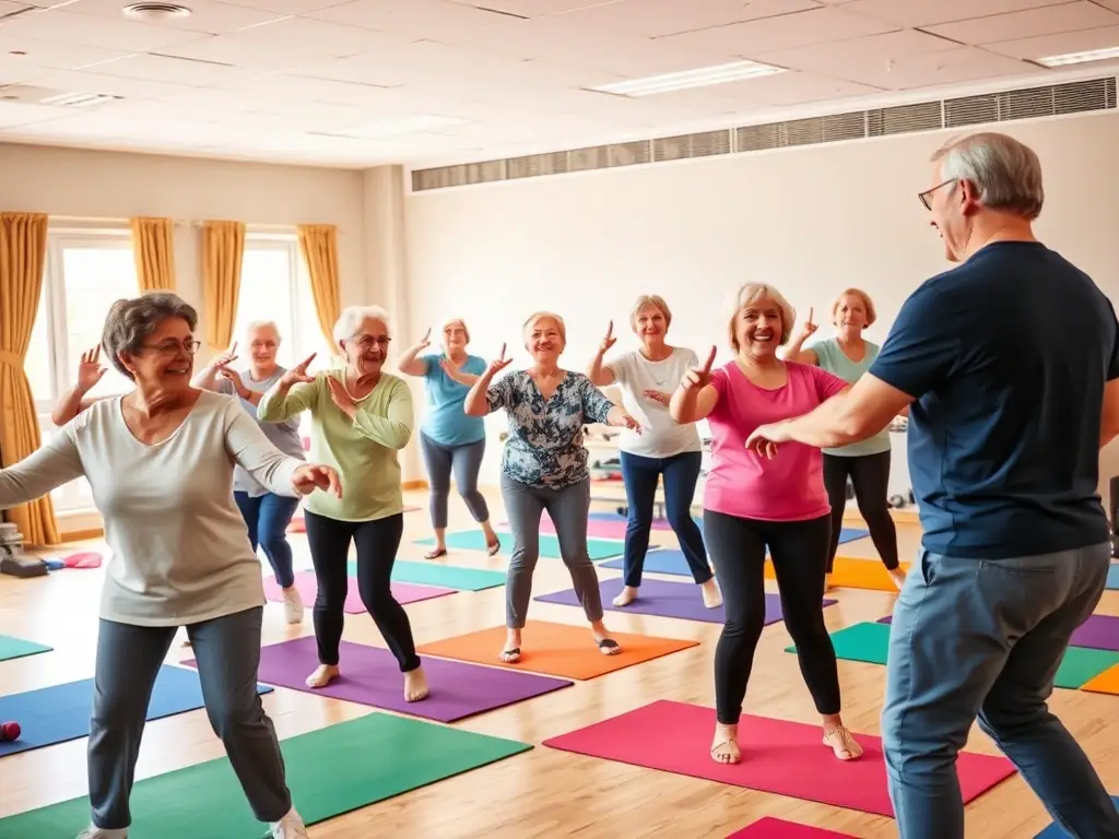 An image of senior citizens actively participating in a low-impact exercise class, with a focus on mobility and balance. The atmosphere is cheerful and encouraging, highlighting the social and health benefits of the program.