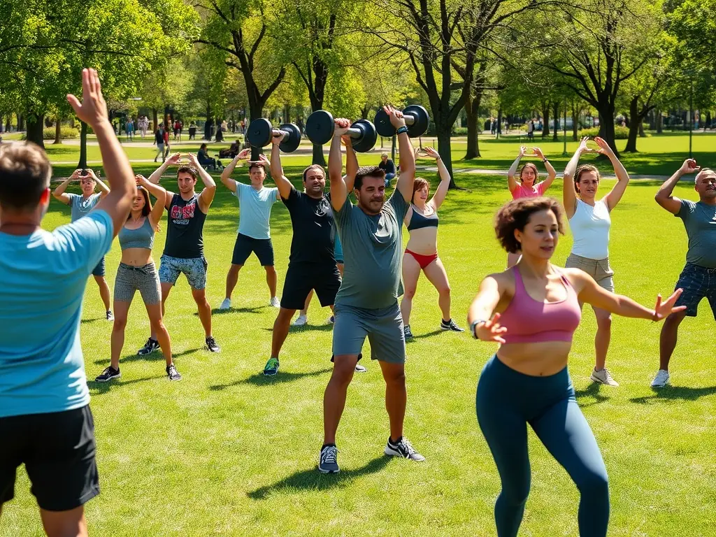 An image of diverse community members participating in a lively gymnastics class outdoors, showcasing energy, teamwork, and joy.