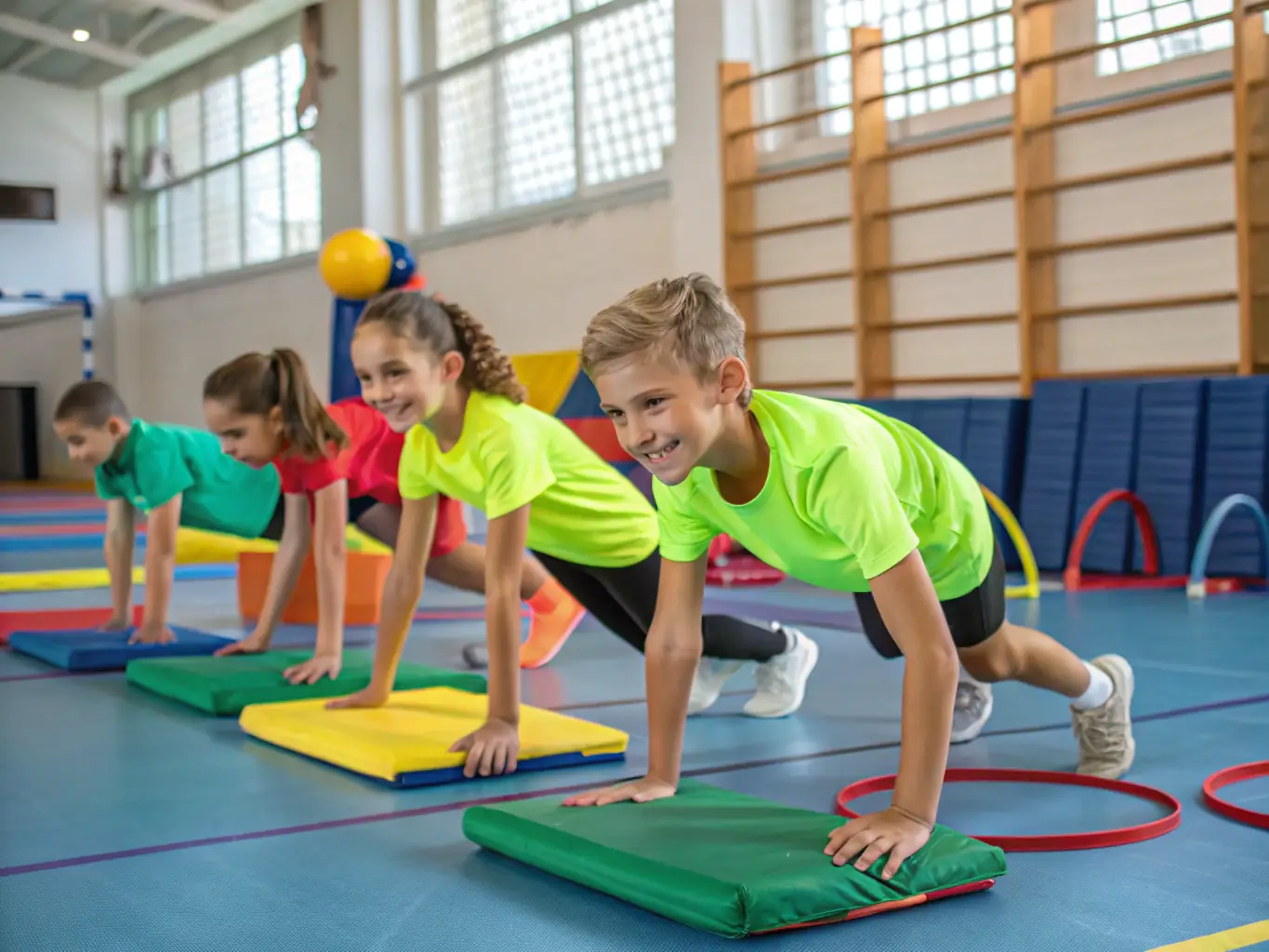 An image of a group of children laughing and stretching during a gymnastics class, led by an instructor in a bright, open studio. The scene is energetic and inclusive, highlighting the fun and accessible nature of Z'DANSE's programs.