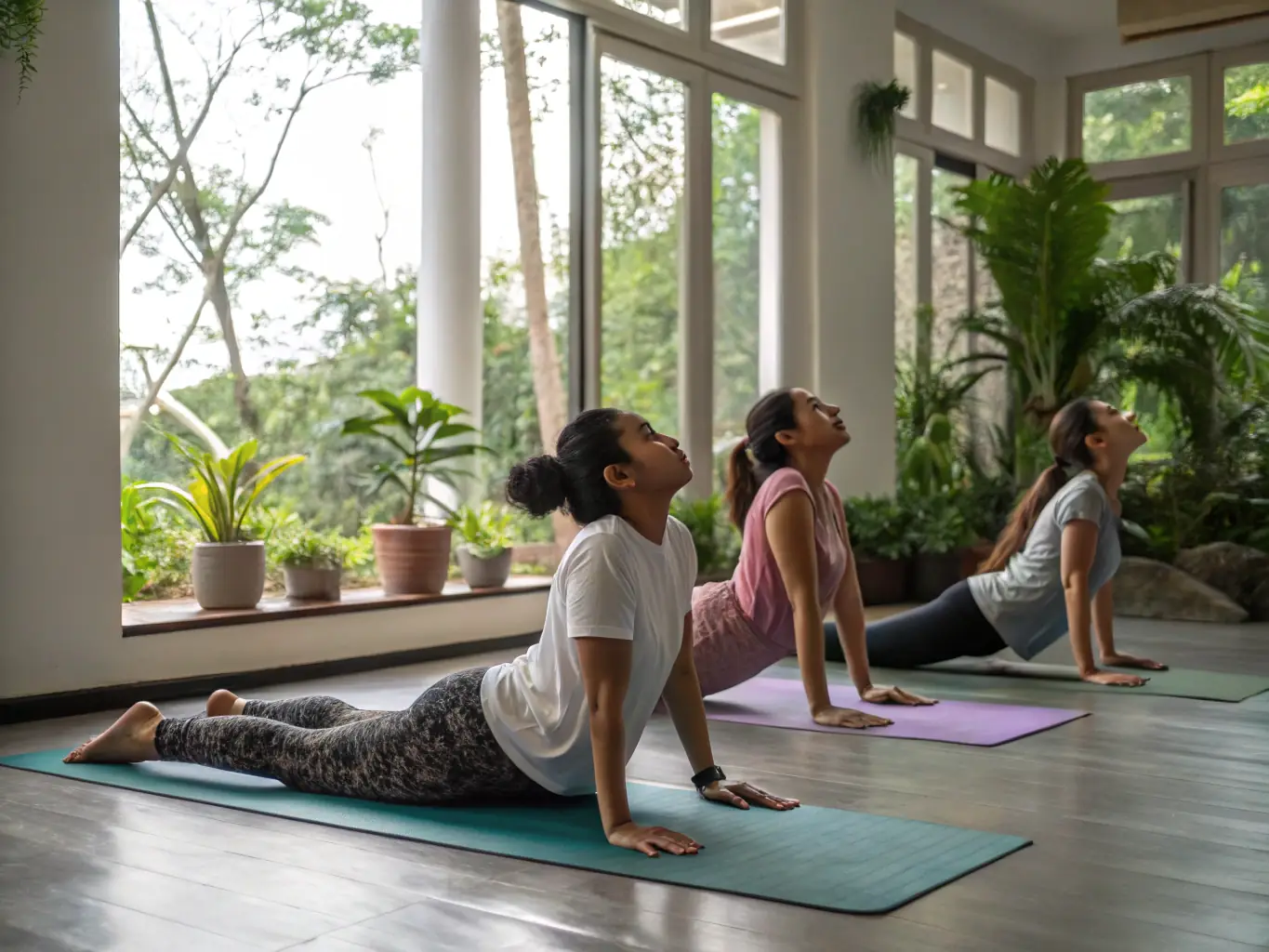 An image of adults participating in a gentle stretching and flexibility class, with a focus on relaxation and mindfulness. The setting is a serene studio with soft lighting, emphasizing the calming and therapeutic aspects of the program.